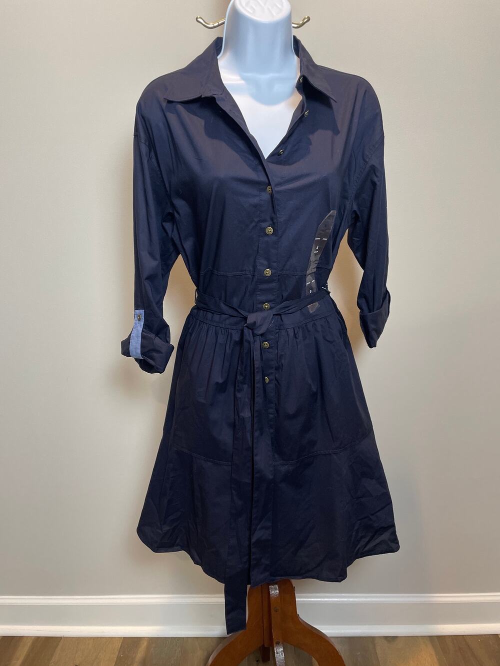 Nautica Cotton Shirt Dress Size S Navy Rolled Sleeves Tie Waist Flare Hem NWT